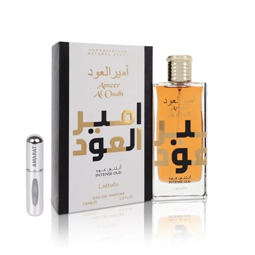 Perfume Ameer Al Oudh Intense Original 100ML, Perfume Árabe Unisex de Larga Duración, Eau da Parfum Importado desde Dubái, Incluye Atomizador Recargable 5ML (Intense)