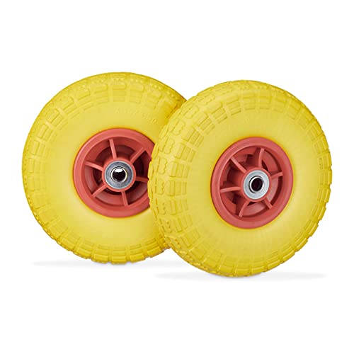 Relaxdays Carretilla 2 Ruedas de Carro, Antipinchazos, Macizas, 4.10/3.50-4', Eje de 16 mm, hasta 150 kg, 260x85mm, Amarillo/Rojo, Caucho