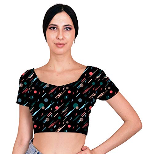 eloria Geometrics Printed Party Wear Readymade Indian Style Women's Saree Blouse Crop Top Choli Black
