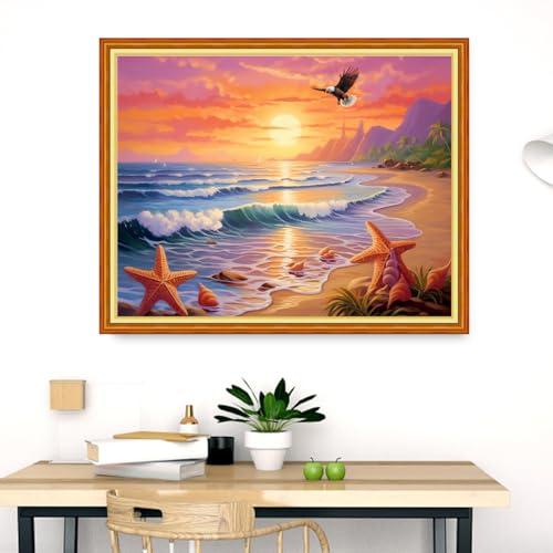 Image of Dimensean Stamped Cross Stitch Kits Full Range of Embroidery Patterns Starter Kits for Beginners Adult DIY Cross Stitches Needlepoint Kits 11CT-Sunrise by the Seaside 16x20 inch