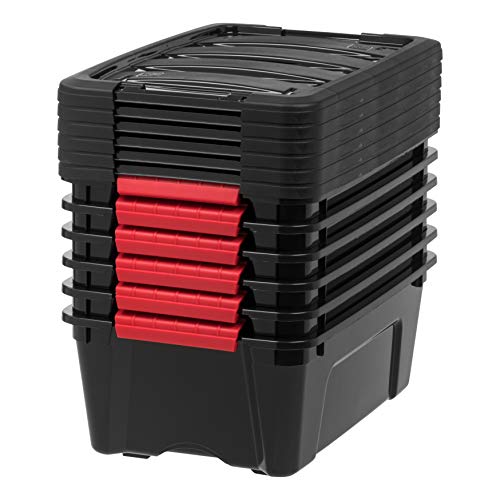 Image of IRIS USA 13 QT Plastic Storage Box with Lid and Latches - 6 Pack - BPA-Free, Garage Organizing Solution, Durable Nestable Stackable Containers, Secure Pull Handle - Black