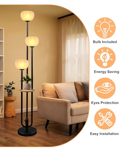 Image of Black Floor Lamp Dimmable Modern Floor Lamps with Pumpkin Lampshade & Table, 3000K Soft Warm White Bulbs Included, 3-Light Tall Standing Lamp with 5Lbs Heavy Base for Living Room /Bedroom