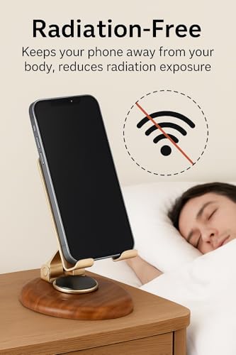 Image of 360 Degree Rotation Wooden Golden Premium Metal Mobile Holder for Desktop and Tables Adjustable Height and Angle Compatible with All Smartphones and Tablets 4-10 inch' Anti Slip Bracket Mobile Stand