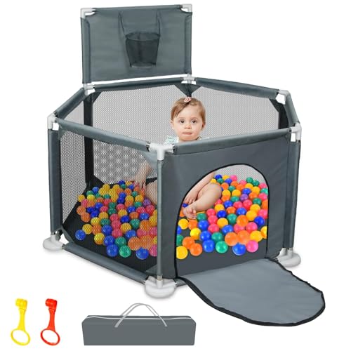 Image of Baby Playpen, 50x50 Inch Playpen for Babies and Toddlers, Small Baby Play Yard, Indoor Outdoor Safety Activity Center Play Pen with Breathable Mesh and Basketball Hoop, Grey (Ball Not Included)