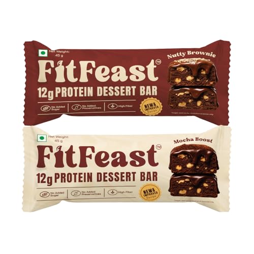 Image of FitFeast Dessert Protein Bar, Pack of 8 | 4 x Mocha Boost & 4 x Nutty Brownie | 12g Protein each | Zero Added Sugar & No Artificial Preservatives | 45g Bar | As Seen on Shark Tank