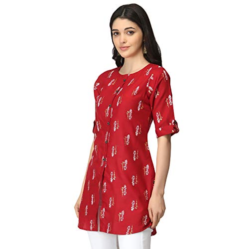 Image of OM SAI LATEST CREATION Slub Rayon Fully Stitched Anarkali Foil Print Kurti for Women & Girls on Jeans Palazzo or Skirt (Plus Size Upto 2XL) (Black)