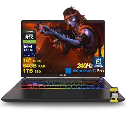 Image of MSI Vector 16 HX AI Gaming Laptop 16 inch QHD+ (2560x1600) 240Hz 100% DCI-P3 Intel 24-core Ultra 9 275HX (>i9-14900HX) 64GB RAM 1TB SSD GeForce RTX 5080 16GB (Up 1334 AI TOPS) RGB Backlit Win11Pro ICP Acc