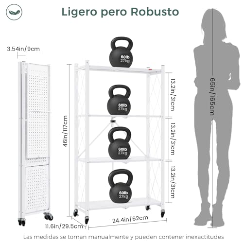DEANIC Estantes de Almacenamiento Plegables, 4 Niveles de Metal para Almacenamiento, 61 x 116 x 28 cm, estantes esquineros de Cocina con Ruedas, estantes de despensa, estantería para Sala de Estar, - imagen 2