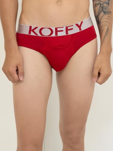 Image of KOFFY Men's Premium Cotton Lycra Brief with Minus Cutting Pouch| Silver Metallic Elastic| 4 Way Stretch| Wrinkle Free| Pack of 1