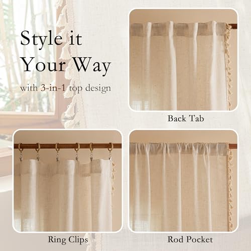 Image of MYSKY HOME Linen Macrame Curtains for Living Room Bedroom, Semi Sheer Drapes 84 inches Length Farmhouse Boho Style Back Tab Drapes for Sliding Glass Door, 50 inch Wx84 inch L, Linen,2 Panels
