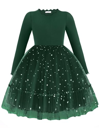 Arshiner Mädchen Kleider Tüll Glitzer Langarmkleid Kinder Faltenkragen A-Linie Partykleid Festliche Herbst Winter Freizeitkleid für Mädchen 6-7 Jahre Grün