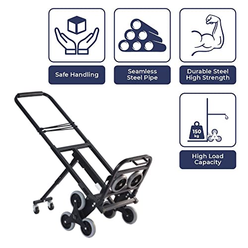 Image of HT150BS Staircase Climbing Hand Truck with Back Support 150kg Capacity Made of Durable Steel, with 360 Degree Swivel Wheels, Black Colour, (65x46x110cm), Portable Foldable Easily Storable