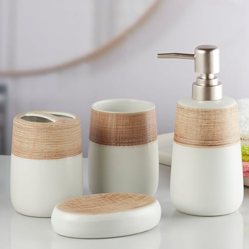 Image of SaSaSa Ceramic Bathroom Accessories Set of 4 Modern Bath Set with Soap Dispenser & Toothbrush Holder, Luxury Home & Gift Idea, Beige /Brown (10261)