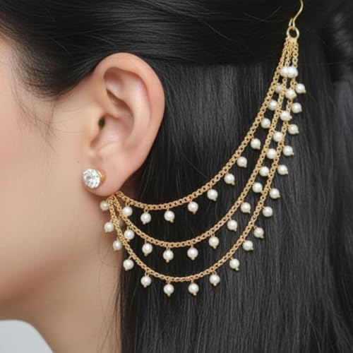 Image of Traditional Gold Plated Alloy Ear Chain Pair with Kundan & Pearl Dangling Design | 3 Layer Bridal Ear Chain for Women