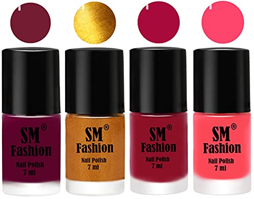 Image of Nail Polish Combo Set (Pack of 4) Quick Dry Gel Finish Nail Paint | Mulberry,Golden,Raspberry,Pink | 7 ml Each