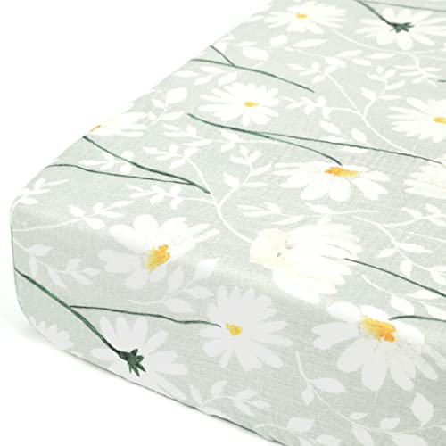 Image of GRSSDER Soft Muslin Crib Sheet 1 Pack, 100% Cotton Crib Sheets for Boys and Girls, Fit Standard Crib Mattresses 52 inch x 28 inch Safe and Snug, Stylish Daisy Print