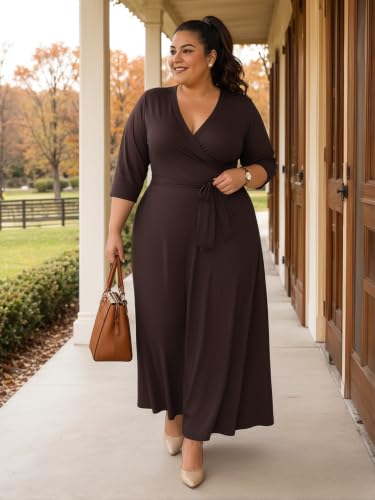 Image of SUZONANA Plus Size Maxi Dresses for Curcy Women Casual Loose 3 /4 Sleeve Long Dress with Belt