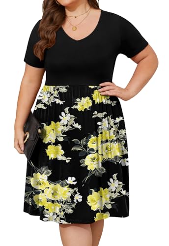 Image of DB MOON Women Plus Size Dresses 2026 Summer Casual V Neck Short Sleeve Knee Length Dress with Pockets