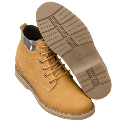 Image of CALTO Men's Invisible Height Increasing Elevator Shoes - Nubuck Khaki Leather Lace-up Round-Toe Work Boots - 3.2 Inches Taller - YH7830 - Size 7.5 D(M) US