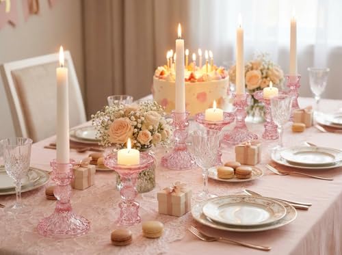 Simeitol Glass Candle Holder Set of 12, Pink Taper Candle Holders Bulk, Vintage Candlestick Holders, Candle Stick Holder for Table Centerpieces, Wedding & Mother's Day by simeitol - Image 3