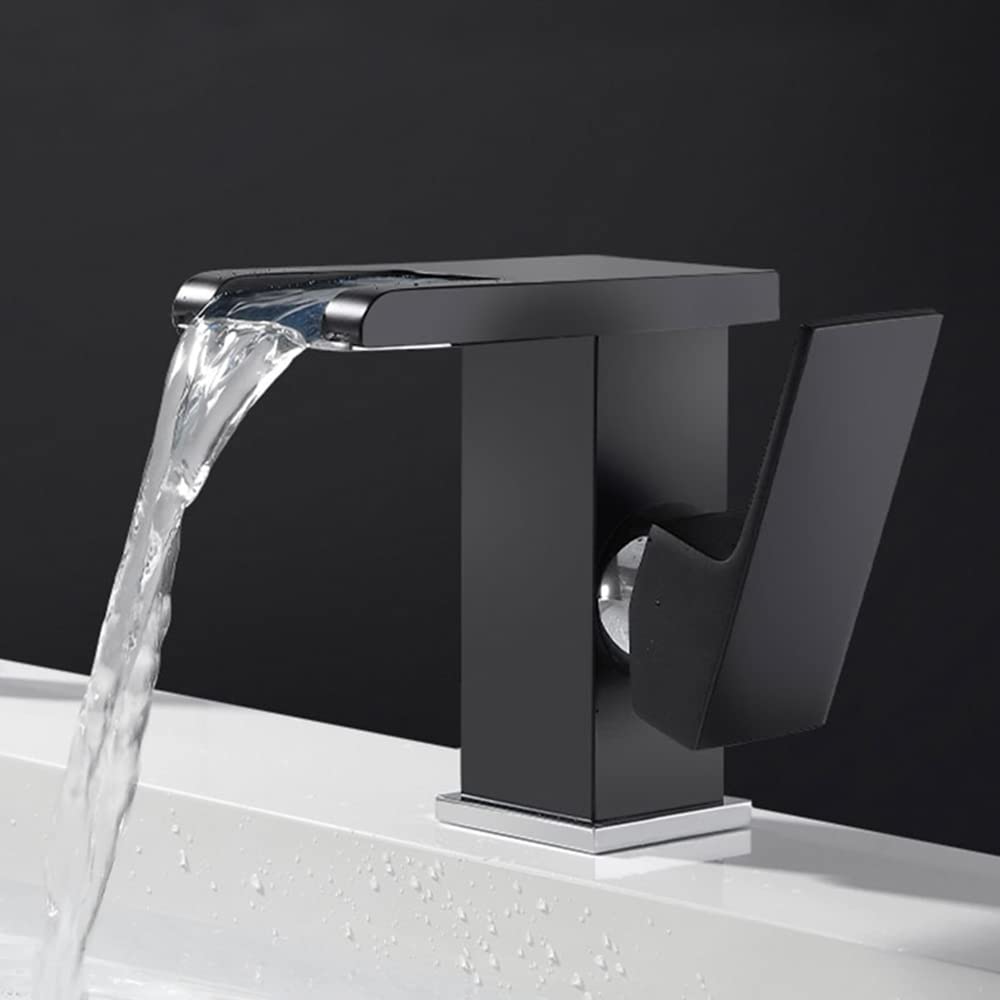 Lavabo cascade LED 3 couleurs Robinet de salle de bain Mitigeur monocommande Robinets de lavabo Noir pour salle de bain cuisine