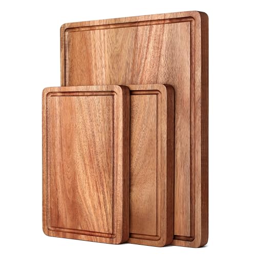 Acacia Wood Cutting Boards Set with Juice Groove & Handles for Ki...