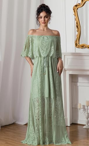 Image of HOYISHION Women's Off The Shoulder Floral Lace Maxi Dress White Bridesmaid Wedding Party Maternity Photoshoot Long Dresses