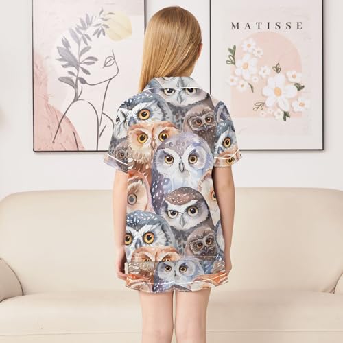 ALAZA Watercolor Animal Owlet Owl Pajamas Satin Pajama Set Short Sleeve Button Down Sleepwear4