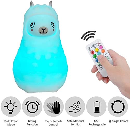 Image of Animal Alpaca Kids Night Light, Children's Room LED Bedside Lamp, Rechargeable Soft Silicone Light, Adjustable Brightness and Colors, Compatible with Touch Control & Remote Control