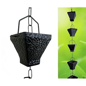Rain Chains, Roof Gutter Downspout/Spout Channel, Rainwater Water Catcher/Diverter, 8.5 feet Length, Metal, Black Powder Coated, Textured Square Cups with Chain, Modern, 5517BLK-CH