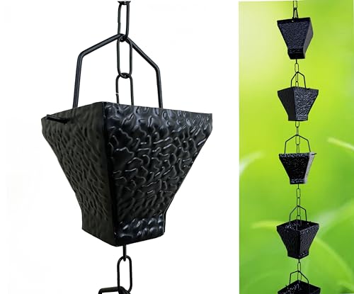 Rain Chains, Roof Gutter Downspout/Spout Channel, Rainwater Water Catcher/Diverter, 8.5 feet Length, Metal, Black Powder Coated, Textured Square Cups with Chain, Modern, 5517BLK-CH
