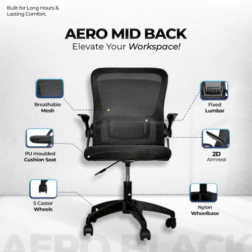 Image of HAVAI Aero Ergonomic Office Chair with Reclining & Folding Back | Net Cloth Fabric | 60D Recycled Foam + 24D Virgin Cotton | Class 2 Gas Lift | Nylon Base & Wheels (Black)