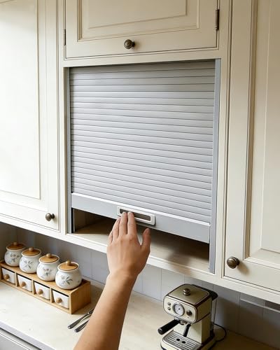Sliding Tambour Door Kitchen Cabinet Kit, Pull-Down Cupboard Door with Handle, Plastic Appliance Garage Doors, Roll up Folding Gate for Closet Wardrobe(Grey,18x18in (46x46cm))