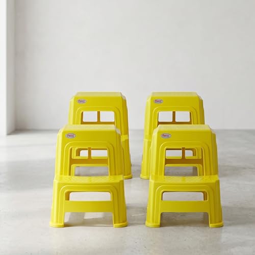 Image of Oaknest Supreme Multipurpose Plastic 2-Step Stool for Kids & Adults - Anti-Slip Lightweight Stepping Stool for Kitchen, Bathroom & Home - Yellow, 4 Piece