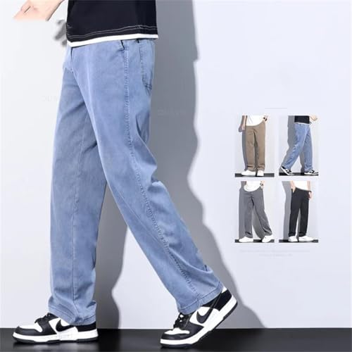 Men Summer Upgrade Soft Lyocell Fabric Jeans Ultrathin Blue Elastic Waist Loose Straight Denim Trousers4