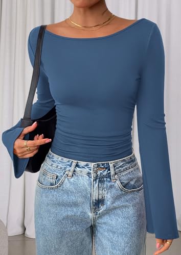 Image of PRETTYGARDEN Women Long Sleeve Shirt 2025 Crop Casual Boat Neck Bell Sleeve Ribbed Ruched Y2K Clothing