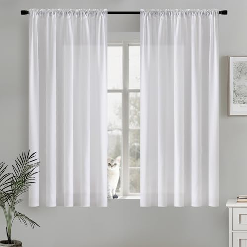Image of MIULEE White Semi Sheer Privacy Curtains Drapes 2 Panels 52W x 45L