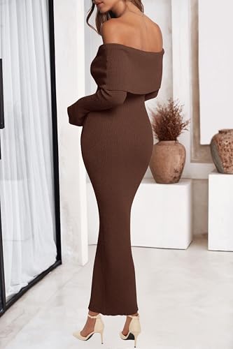 dowerme Women's Off The Shoulder Sweater Dress 2026 Formal Long Sleeve Bodycon Maxi Wedding Guest Dresses Spring Outfits(Brown,X-Large) — view 3