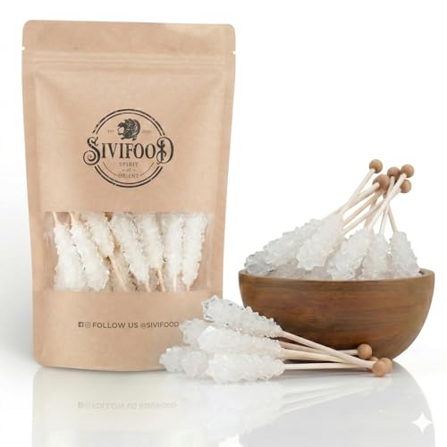 SIVIFOOD® Kandiszucker Sticks Natur [25 Stück] – Natürlicher weißer Kandis am Stiel – Edle Kandiszucker Sticks für Tee & Kaffee – Klassische Kandissticks aus Kristallzucker (Nabat) zum Genießen