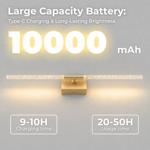 Image of Battery Operated Wall Sconce Set of 2, 10000mAh 4CCT, Transparent | Rechargeable wall lights with remote & touch control, 360rotate timer 31.5 inch, for bedroom living room hallway decoration