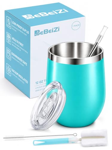 BeBeiZi Weinbecher Edelstahl, 350ml Stemless Weinbecher Mit Deckel Und Strohhalm, Vakuumisolierte Reisekaffeetasse für Cocktails, Coffee… – Ansicht 1