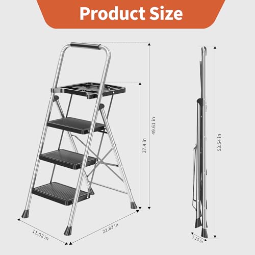 DIAMONDFORGE 3 Step Ladder, Folding Step Stool with Tool Platform, Wide Anti-Slip Pedal and Anti-Slip Feet, Sturdiest Steel Construction, 600lbs Capacity Steel Ladder for Home Office, Grey