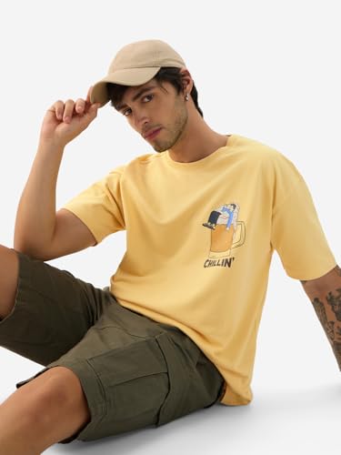 Image of The Souled Store Chillin' Men and Boys Short Sleeve Round Neck Yellow Graphic Printed Cotton Oversized T-Shirts