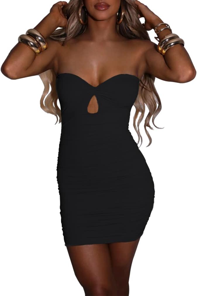SHESEEWORLD Women's Sexy Strapless Tube Ruched Dress Front Knot Bodycon Back Lace Up Mini Dress - Image 6