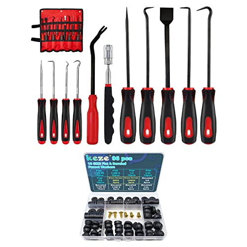 KEZE 96 PCS 10 Size Faucet Washers Kit and 11Pcs Pick & Hook Set with Scraper and Magnetic Telescoping Tool Kit for DIY Outdoor Faucets Stem Leak Worn Out Seal Repair.