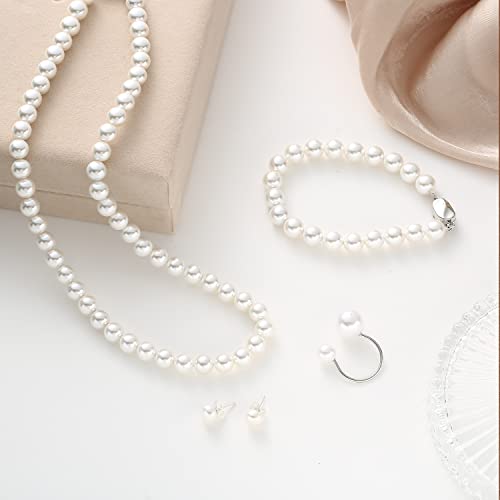 Ausger Pearl Necklace Set For Women Girls,Complete Set Of Pearl Jewelry Includes Bracelet Stud Earrings Ring,Birthday Christmas Gift For Wife Mom Sister With Jewelry Box(White) #TOP3