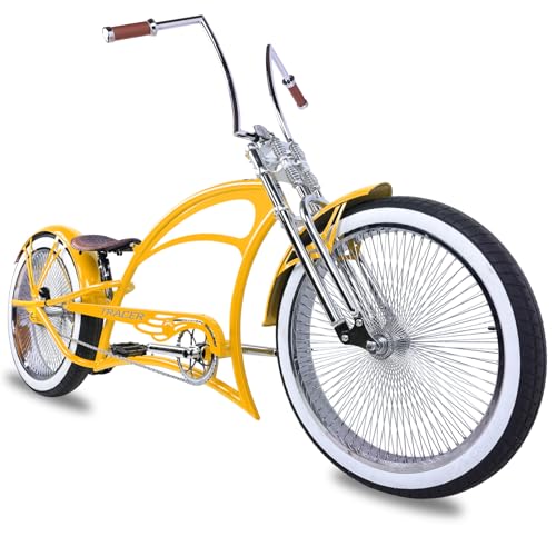 Tracer Scorpion Pro DTS Beach Cruiser Bike 26 Inch, 3.0 Fat Tire Stretch Chopper Bicycle, Single Speed for Adult Men and Women, Cruiser Bike Oversized U-tpye Hi-Ten Steel Frame (Yellow)