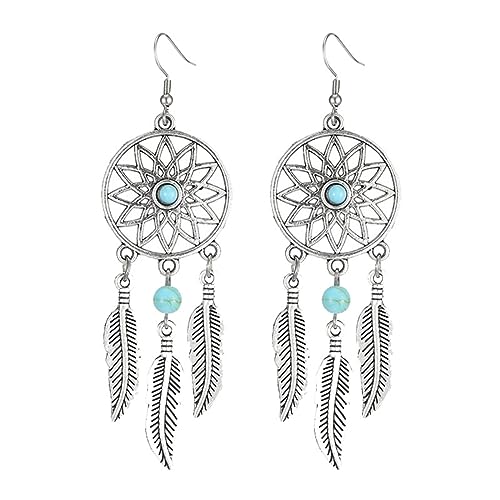 Blue Turquoise Dream Catcher Feather Earrings for Women Vintage Bohemian Western Jewelry Native American Indian Dream Catcher Feather Dangle Earrings