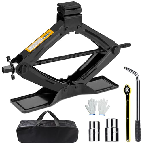 SHALL Kit cric ciseaux 2 tonnes – Base extra longue et large, levage de pneu 98 mm-400 mm Kit complet de changement de pneu (cliquet, clé de roue et gants)...