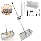 Rastrillo de playa, rastrillo para pulgas de arena, colador de arena de acero inoxidable con cesta trapezoidal ancha, rastrillo de arena extraíble con mango largo, dientes afilados, trampa plegable